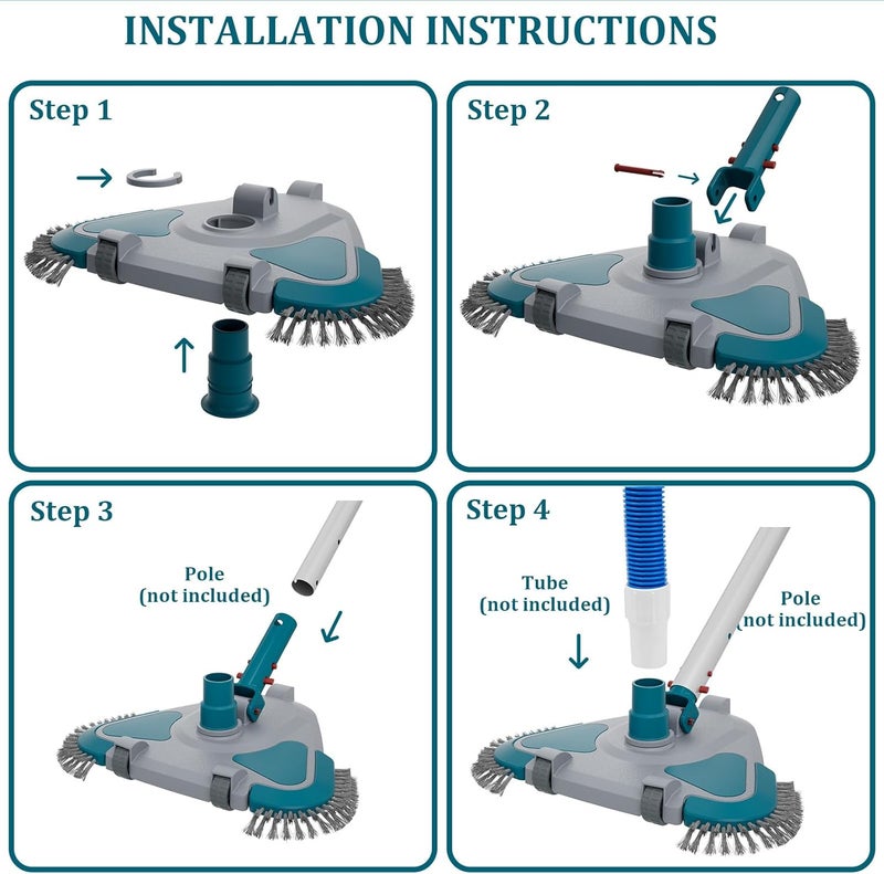 POOLWHALE Upgrade Pro Weighted Triangular Pool Rotative Vacuum Head with Brush & EZ Clip Handle - for Cleaning Surface Safe on Vinyl Lined Pools - Image 4